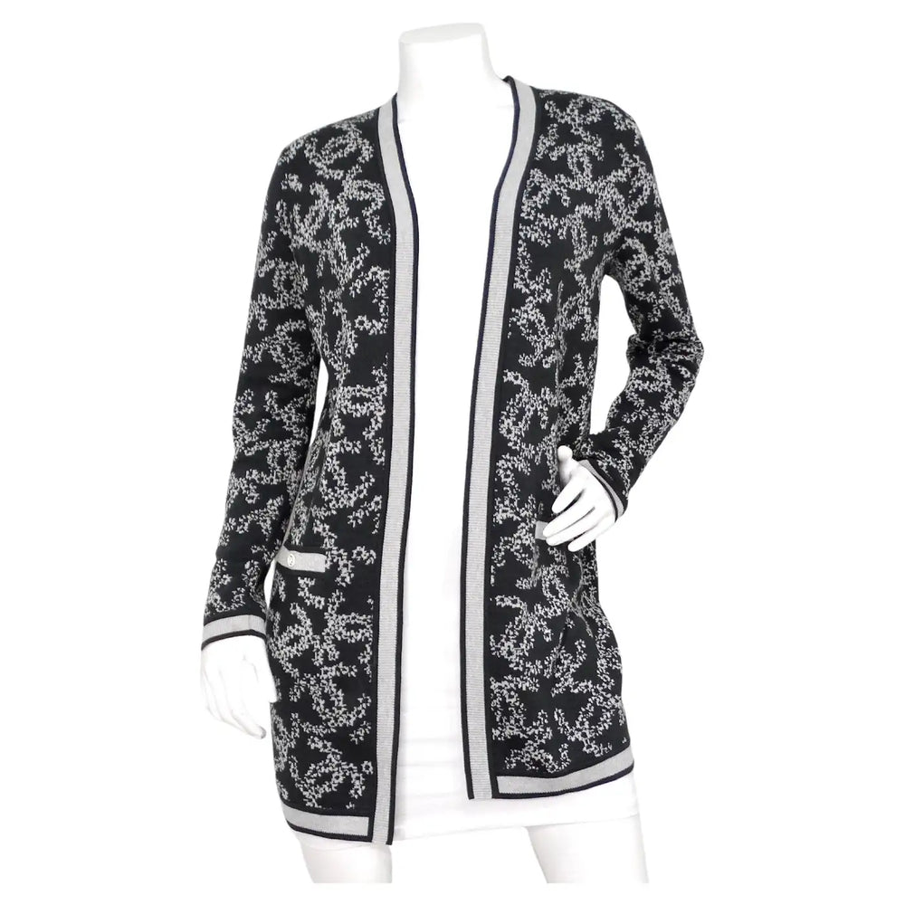 Chanel Grey & White Interlocking CC Logo Knit Cardigan