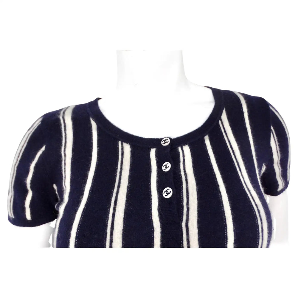 Chanel Cashmere Navy Blue & White Striped Top With Buttons