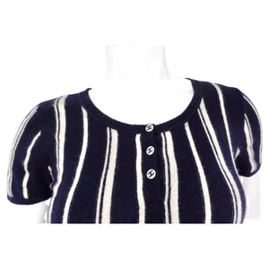 Chanel Cashmere Navy Blue & White Striped Top With Buttons
