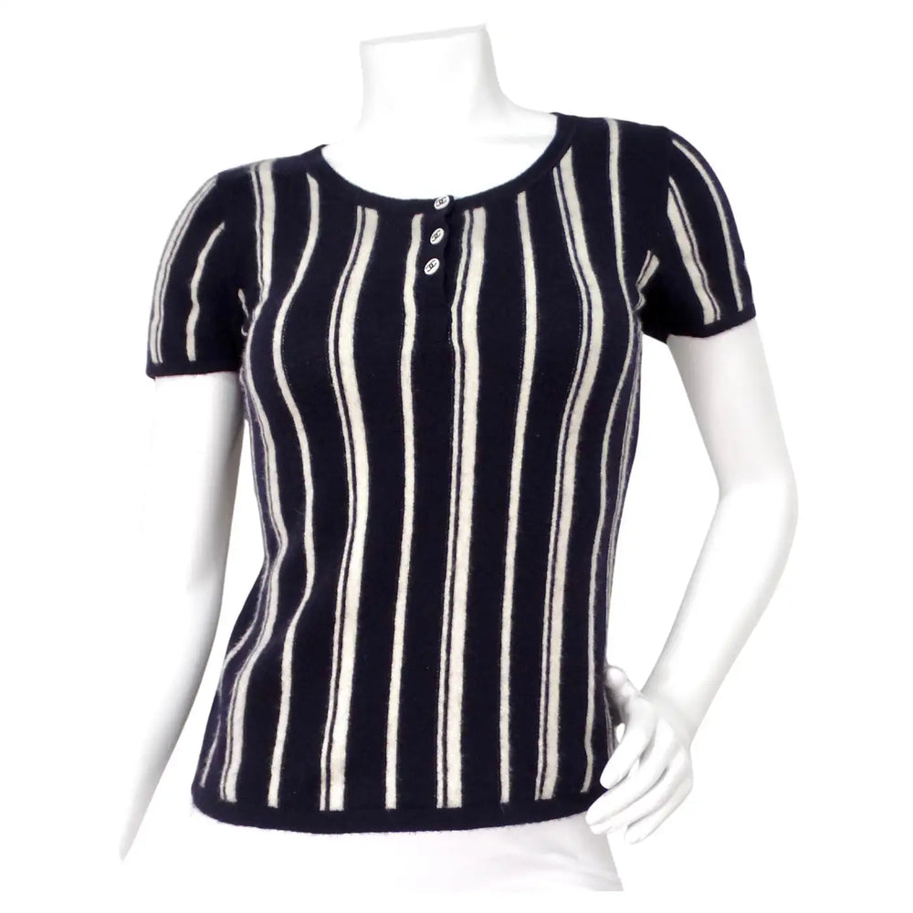 Chanel Cashmere Navy Blue & White Striped Top With Buttons