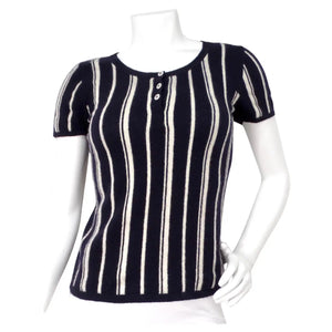 Chanel Cashmere Navy Blue & White Striped Top With Buttons