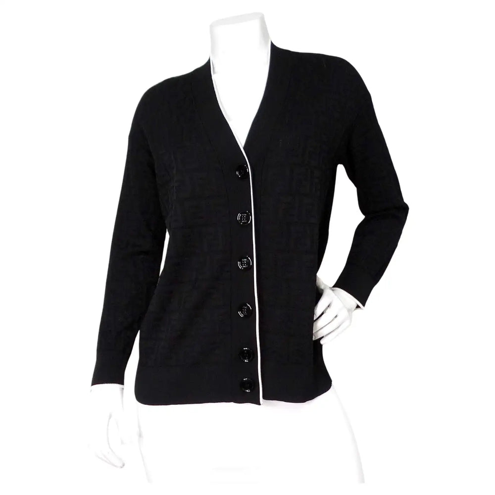 Fendi Black Zucca Monogram Knit V-Neck Cardigan