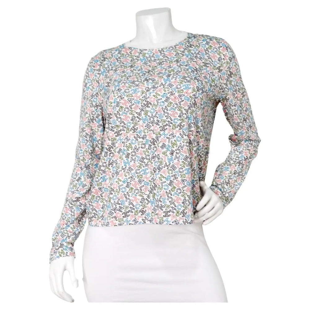 Chanel White Cotton Logo Sequins Long-Sleeve Top