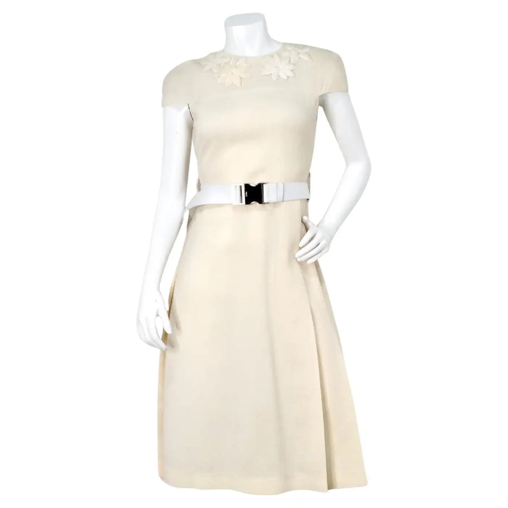 Fendi Cream Wool Buckle Belted Dress With Floral Detailed Neckline