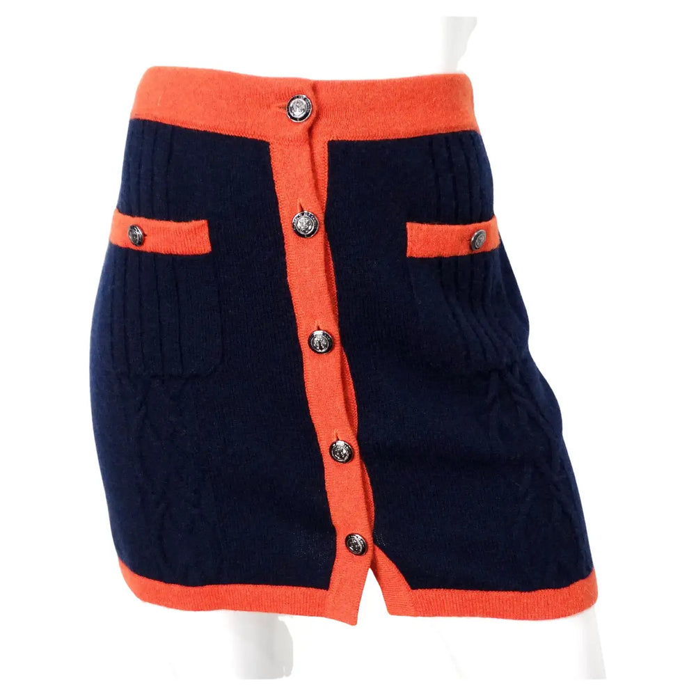 Chanel Navy Blue & Orange Cashmere Knit Mini Skirt