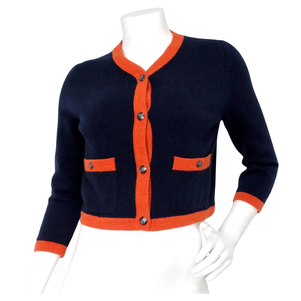 Chanel Navy Blue & Orange Cashmere Cardigan