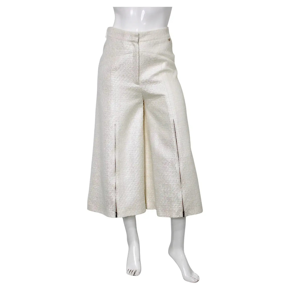 Chanel White Iridescent Tweed Wide Leg Trousers