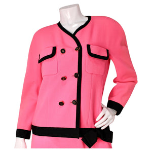 chanel pink suit dress CHANEL Spring 1991 Barbie Pink Suit Set with Black Patent Piping  Garment  Modern + Vintage