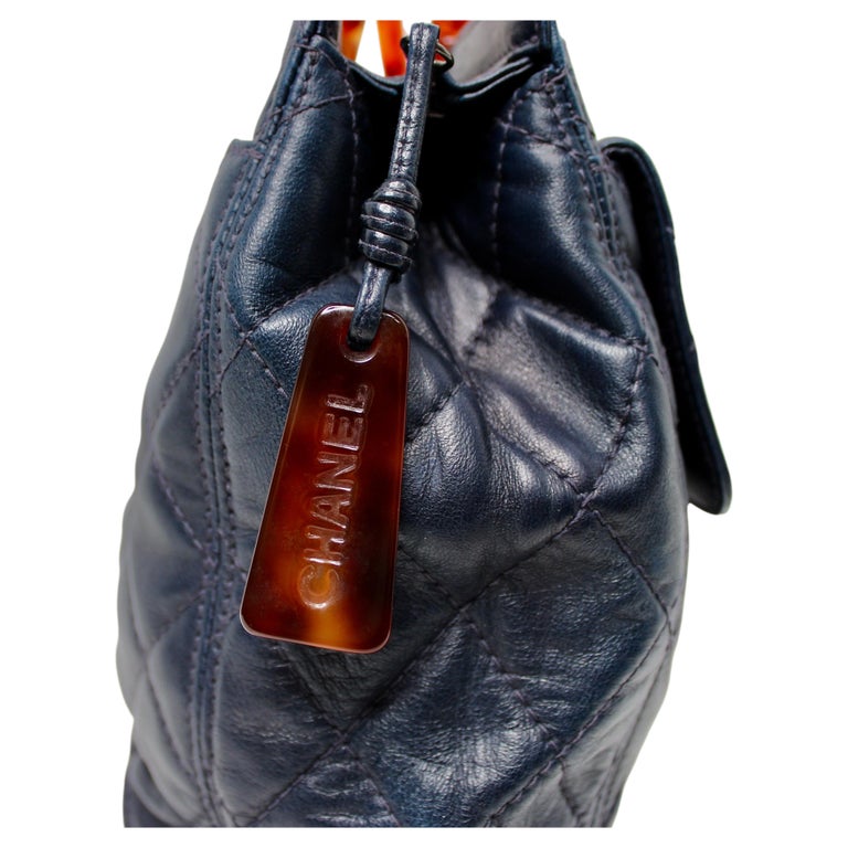 Chanel Navy Lambskin Quilted Leather Tortoise Top Handle Bag circa