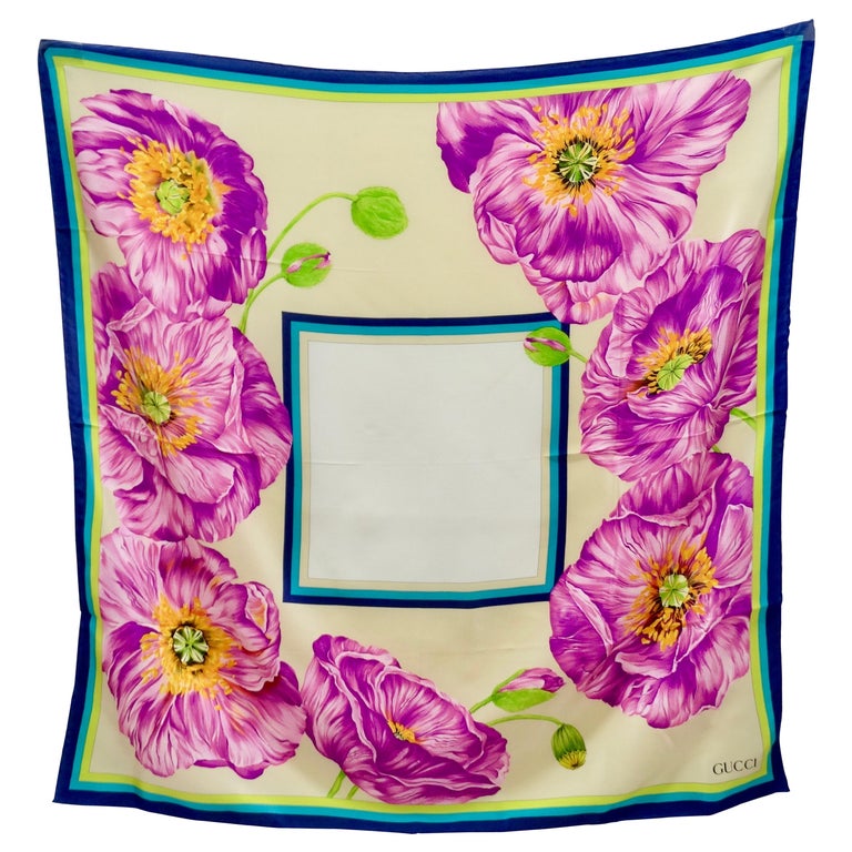 小物 Gucci Silk 100 Scarf Purple Blue Painted GUCCI Paris RARE Blue Hat Silk Scarf Flowers Design