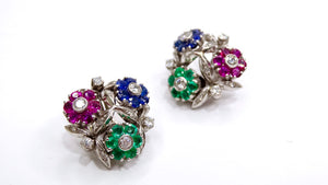 Van Cleef & Arples Platinum Floral Earrings Ruby, Emerald, Sapphires Diamonds