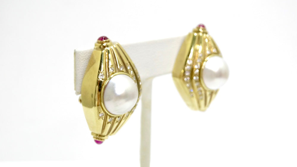 Diamond Pearl and Ruby 1980's Earrings
