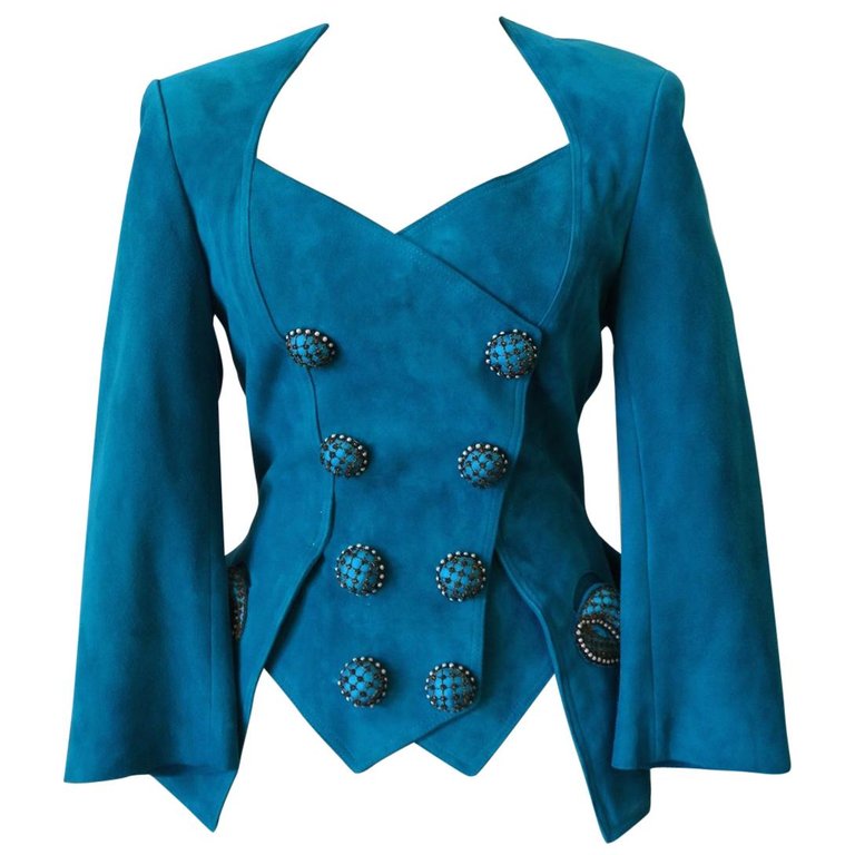 1980s Jean Claude Jitrois Embellished Teal Leather Blazer 1980s Jean Claude Jitrois Embellished Teal Leather Blazer