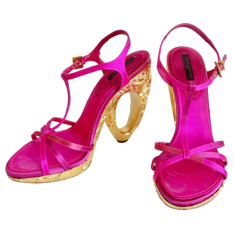 Louis Vuitton Fuchsia Satin Heels With Textured Gold Heel Louis Vuitton Fuchsia Satin Heels With Textured Gold Heel