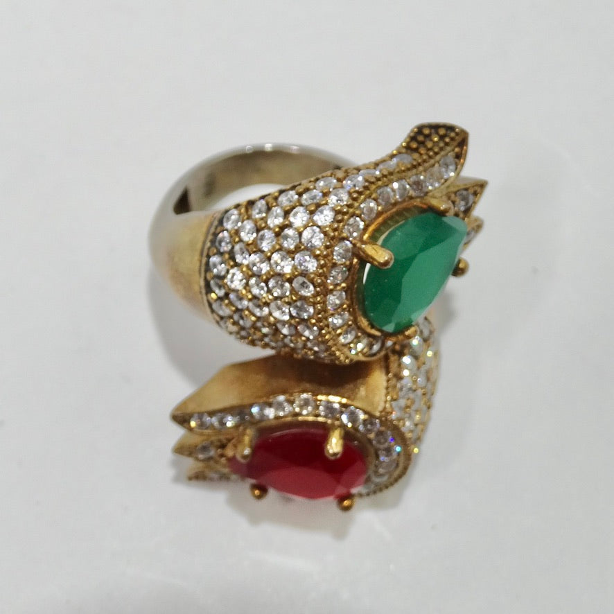 1990s 925 Silver Synthetic Ruby and Emerald Ring