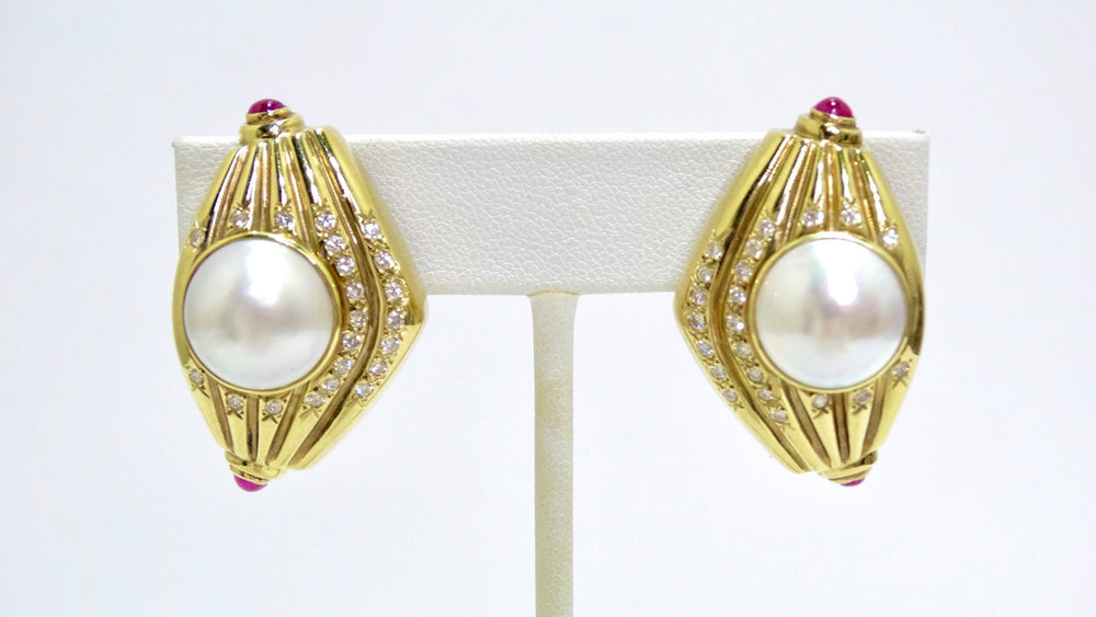 Diamond Pearl and Ruby 1980's Earrings