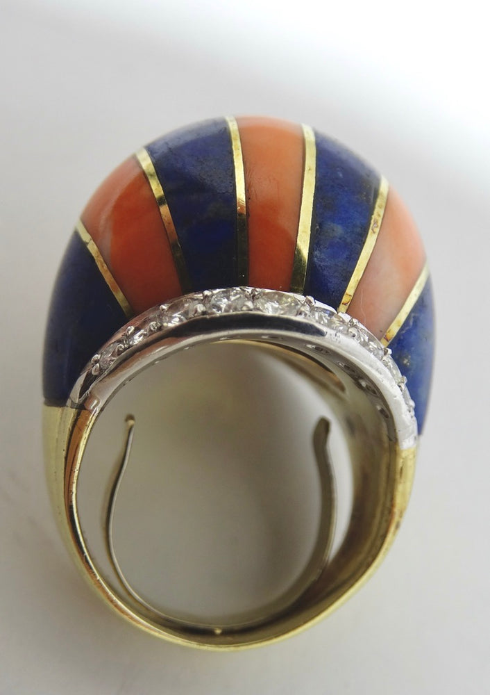 Coral And Lapis Striped Diamond Cocktail Ring