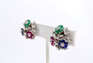 Van Cleef & Arples Platinum Floral Earrings Ruby, Emerald, Sapphires Diamonds