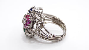 Van Cleef & Arples Platinum Floral Cocktail Ring Ruby, Emerald, Sapphires