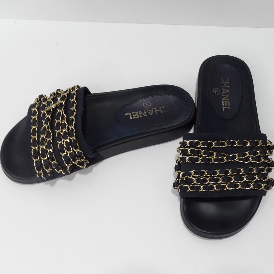 Chanel Black/White Tweed And Leather Tropiconic Chain Detail Slides Sandals  Size 37 Chanel