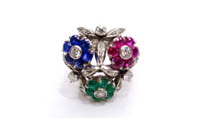 Van Cleef & Arples Platinum Floral Cocktail Ring Ruby, Emerald, Sapphires