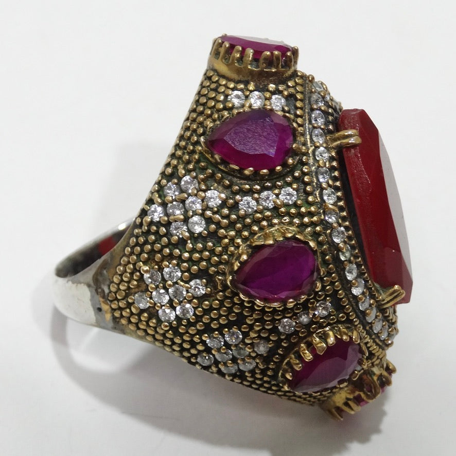 1990 Silver 925 Synthetic Ruby Cocktail Ring