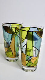 Ned Harris Stain Glass Mid-Century Blue and Green Abstract Glasses- Set of 4