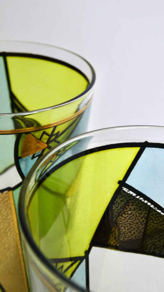 Ned Harris Stain Glass Mid-Century Blue and Green Abstract Glasses- Set of 4