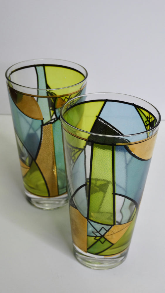 Ned Harris Stain Glass Mid-Century Blue and Green Abstract Glasses- Set of 4