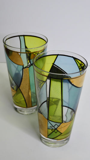 Ned Harris Stain Glass Mid-Century Blue and Green Abstract Glasses- Set of 4