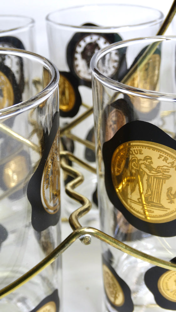 Coin Motif Glassware & Carrier Gold/Black- Set of 8