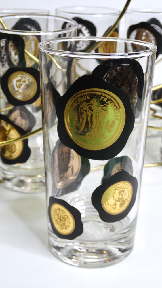 Coin Motif Glassware & Carrier Gold/Black- Set of 8 – Vintage by Misty