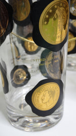 Coin Motif Glassware & Carrier Gold/Black- Set of 8