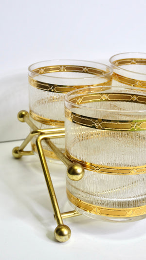 Glassware & Carrier Gold Mid-Century Set of 8