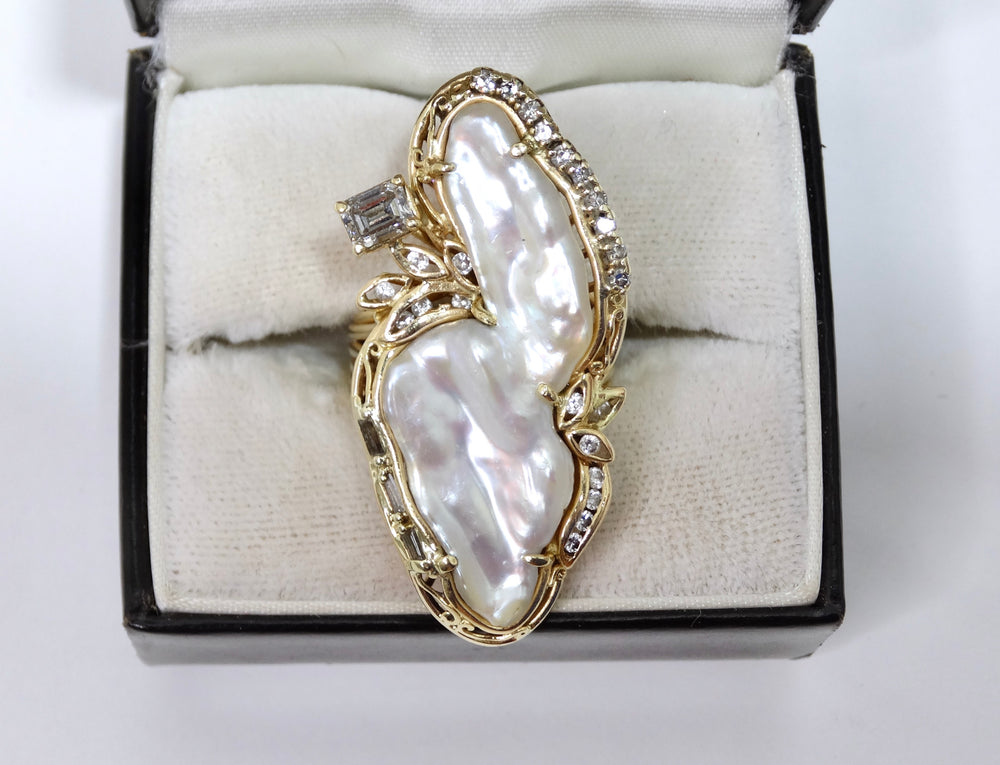 Freshwater Pearl & Emerald Diamond Ring