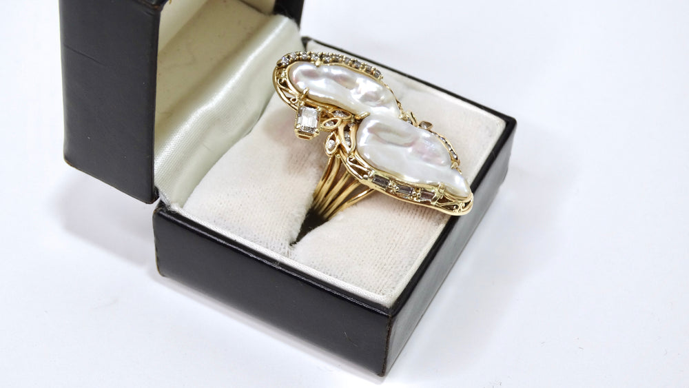 Freshwater Pearl & Emerald Diamond Ring