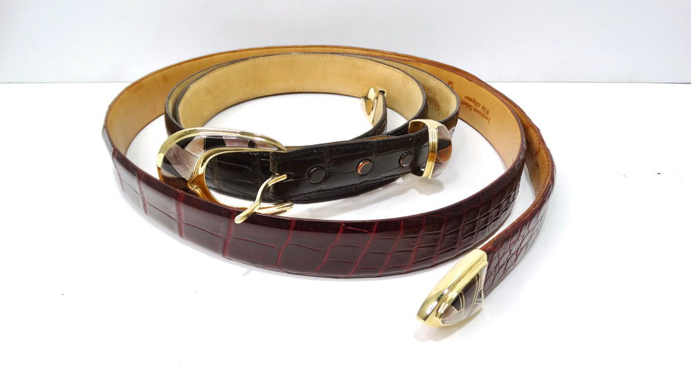 Handmade Solid Gold Buckle with Mother of Pearl Inlay - Set of Two Straps