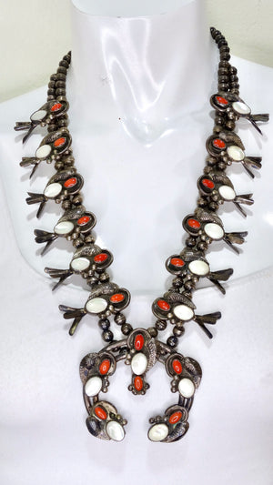Navajo Coral and Mother of Pearl Sterling Silver Squash Blossom Necklace