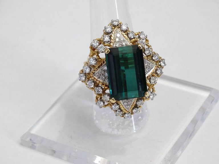 16 Carat Green Tourmaline Emerald Cut Diamond Cocktail Ring