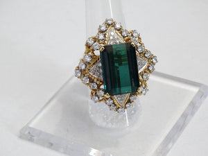 16 Carat Green Tourmaline Emerald Cut Diamond Cocktail Ring