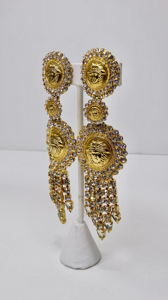 Vintage Gianni Versace gold tone medusa face motif dangle earrings
