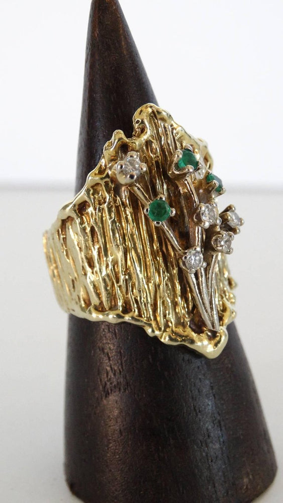 1970s 14k Floral Ring with Diamonds and Emeralds