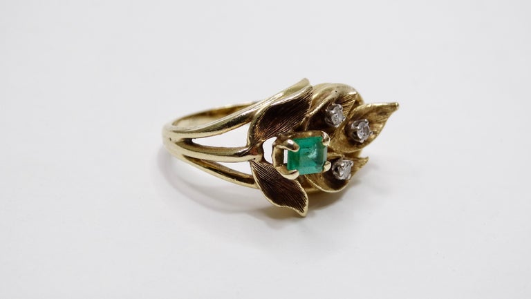 Emerald & Diamond 14k Gold Leaf Ring