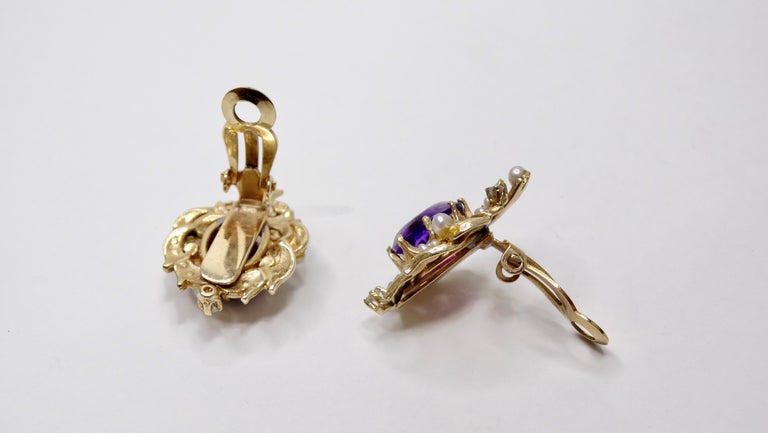 Amethyst & Diamond 14k Gold Clip-On Earrings