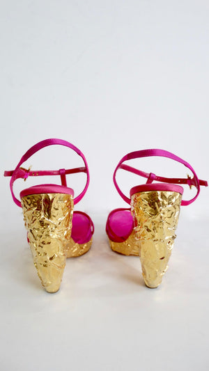 Louis Vuitton 2000s Fuchsia Satin Pumps With Textured Gold Heels