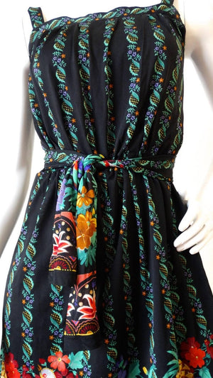 1970s Gottex Black Floral Printed Dress