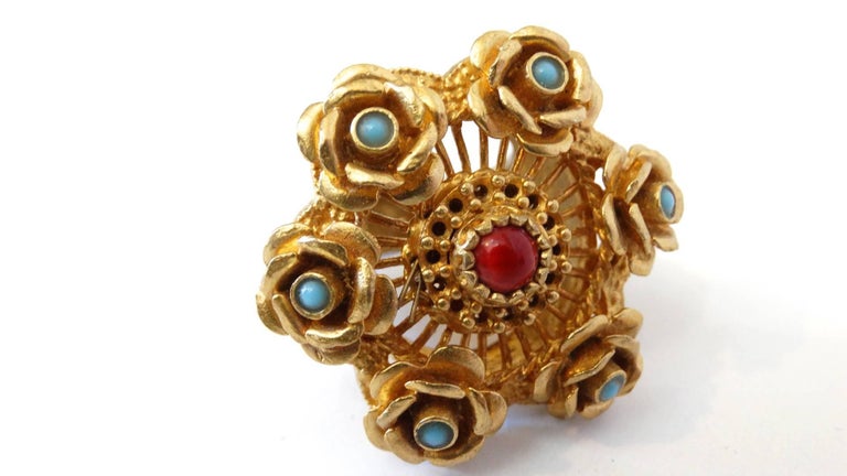 Turkish Vermeil Coral and Turquoise Cocktail Ring