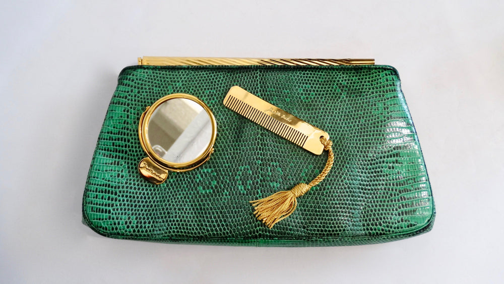 JUDITH LEIBER green crocodile skin jewel frame clutch handbag