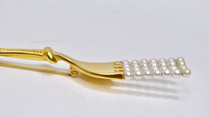 Large Karl Lagerfeld Gilt Gold Fork Brooch With Pearls