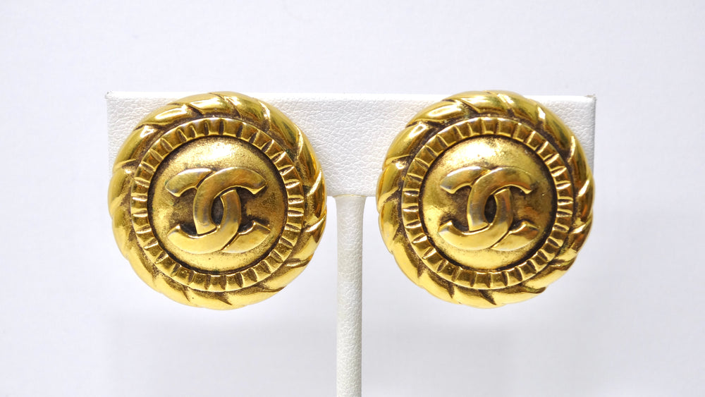 Chanel 1990's Gold Textured CC Round Earrings